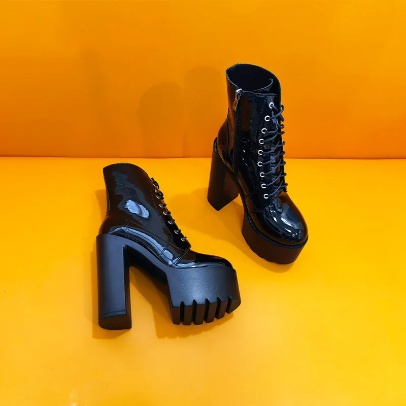 Female Ankle Boots Round Toe Block High Heel 14cm Platform Zipper Lace Up Plus Size 43 Mature Party Booty Patent Leather Botines