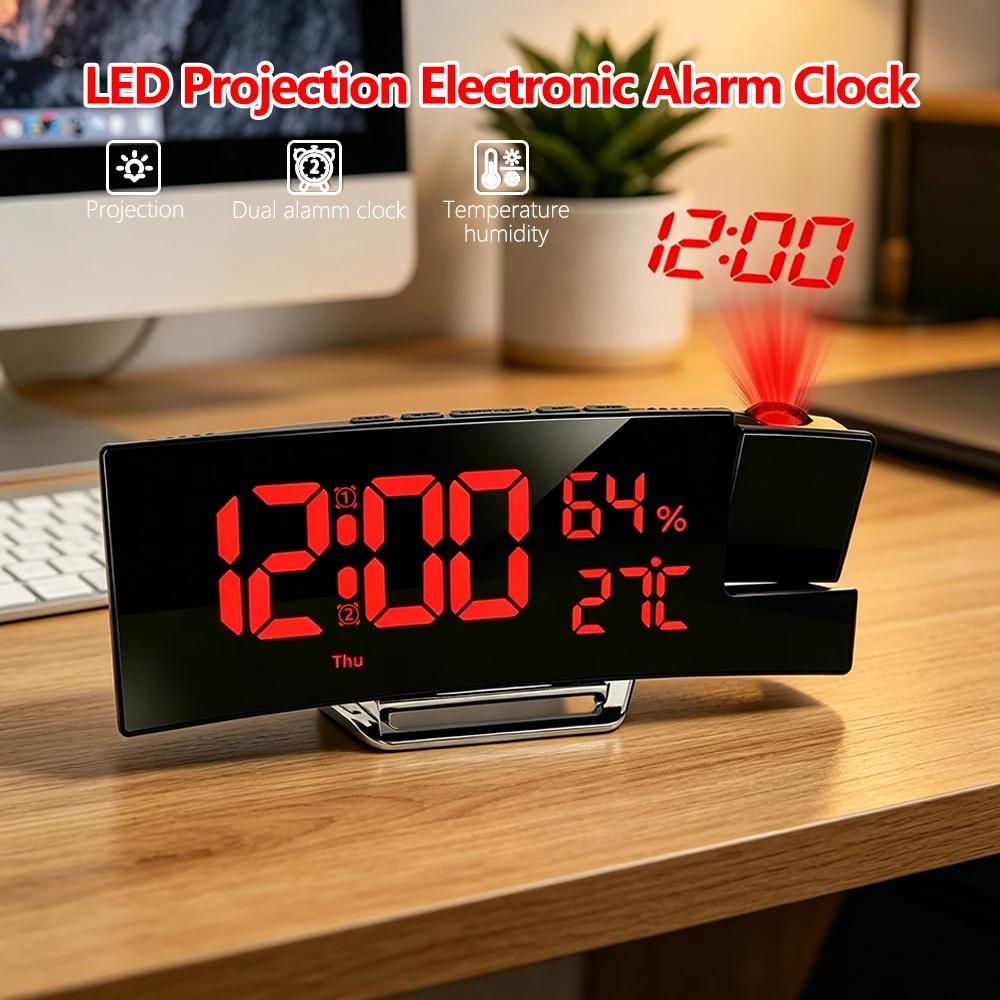 1p LED Curved Projection Digital Alarm Clock, the Projected Time Can Be Reversed, and the Clock Can Display Time, Temperature, a