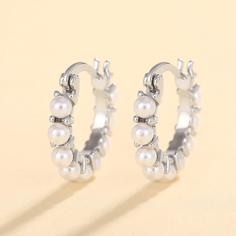 Huitan Graceful Simulate Pearl Hoop Earrings for Women Elegant Silver Color Accessories Delicate Daily Wearable Jewelry Gifts