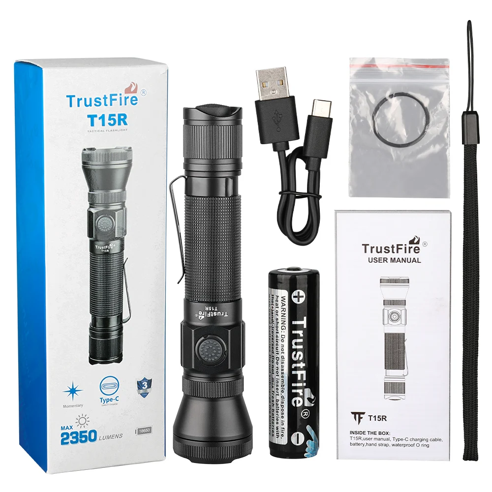 Trustfire-T15R High Power LED Flashlight 2350Lumen Army Tactical Powerful Torch Type-C Rechargeable Military Lamp 18650 Battery