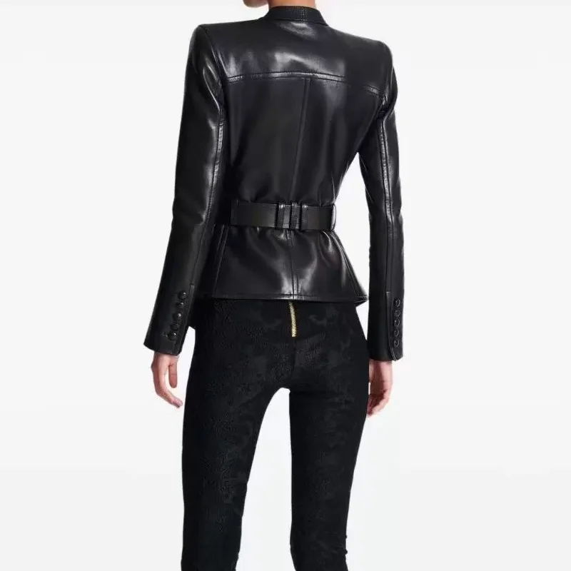 Veste d'automne en cuir PU pour femmes, col en v, taille haute, à lacets, y2k, haute qualité, à la mode, rétro, pour moto