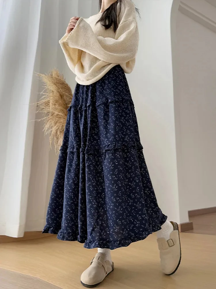 Korean Style High Waist Floral Print Half Skirt Women's Summer Design Slimming A-Line Long Puffy Cake Skirt Ladies Skirts