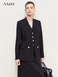 Amii Minimalism Blazers for Women 2024 Autumn New Commuter V-neck Heart-shaped Buckle Shoulder-pad Professional Jackets 12453042