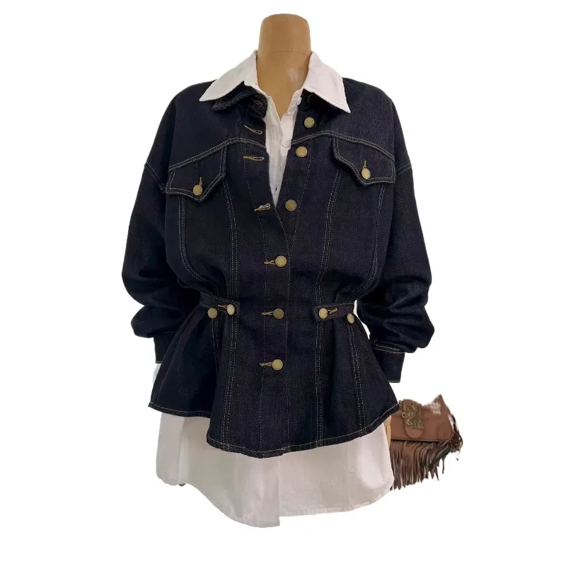

New Retro Hong Kong Style Original Loose Adjustment Waist Thin Long Sleeve Denim Jacket Top Fashion Age Reduction Autumn Coats