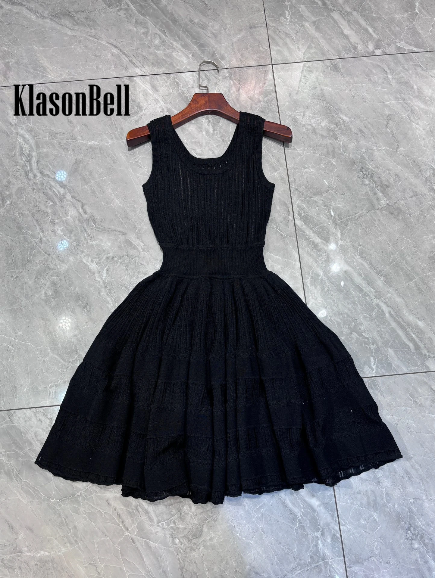 5.9 KlasonBell Sweet Ball Gown  Mini Knit Dress For Women Summer New U-Neck Sheer Spliced Collect Waist Tank Dress Beltless