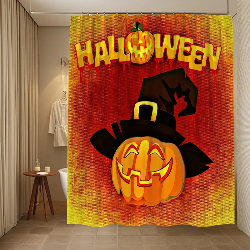 Halloween Pumpkin Witch Hat Shower Curtain, Orange Jack-o'-lantern Waterproof Bath Curtain, Spooky Holiday Bathroom Decor