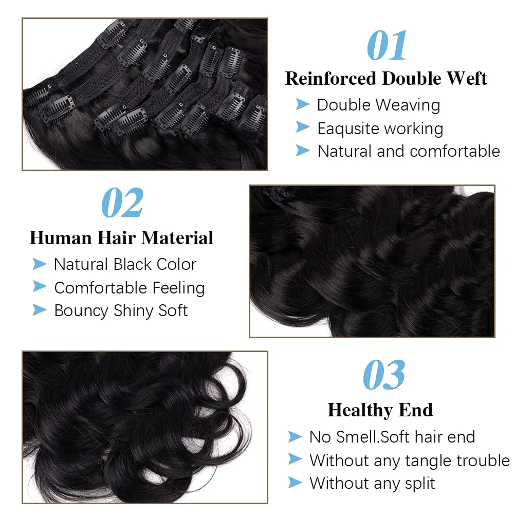 Brazilian Body Wave Clip em extensões, 100% Remy cabelo humano, cor natural, 1B Clip Ins, 12-26 polegadas, 120g, 8 PCs/Set