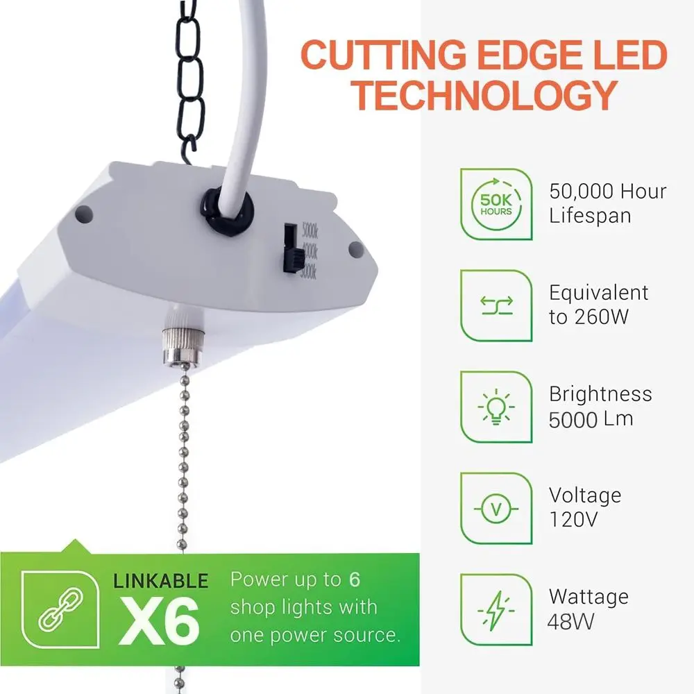 48W 4FT 6-Pack LED Utility Light Fixture, 3 CCT Adjustable, Linkable & Mountable, Pull Chain Included for Workshops and Garages