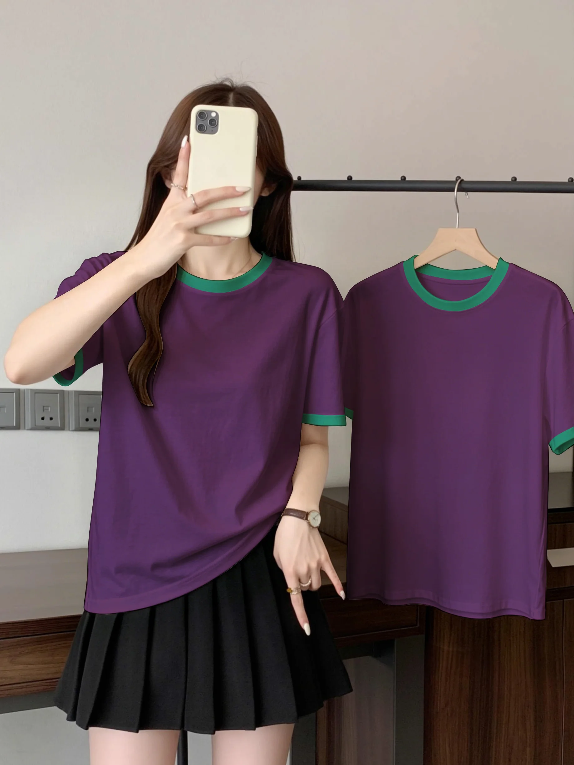 Loose Fit Women's Cotton T-shirt round Neck Short Sleeve Casual Style Color Block Design Summer Top for Daily Commuting