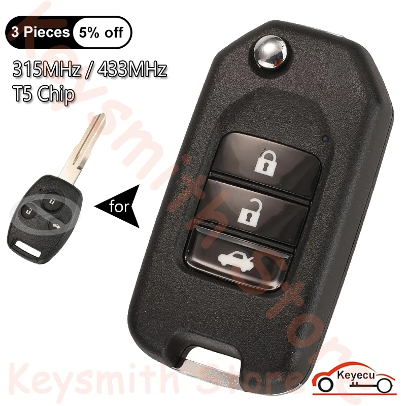 KEYECU 3 przyciski 315 MHz 433 MHz T5 Chip dla Honda Odyssey przed 2004 Auto Upgraded Flip Remote Control Key Fob Replacement