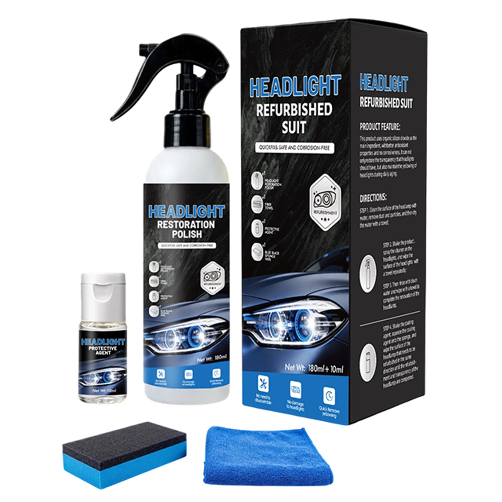 Cars Headlight Restoration Kits Multi Purpose Versatile Headlight Refurbish Kit 180ml+10ml for Oxidized&Yellowed Headlamps