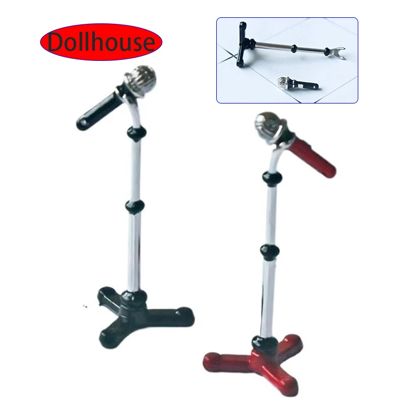 1Pcs Doll House Decoration 1/12 Dollhouse Accessories Miniatures Simulation Mini Alloy Microphone With Stand Model Toy