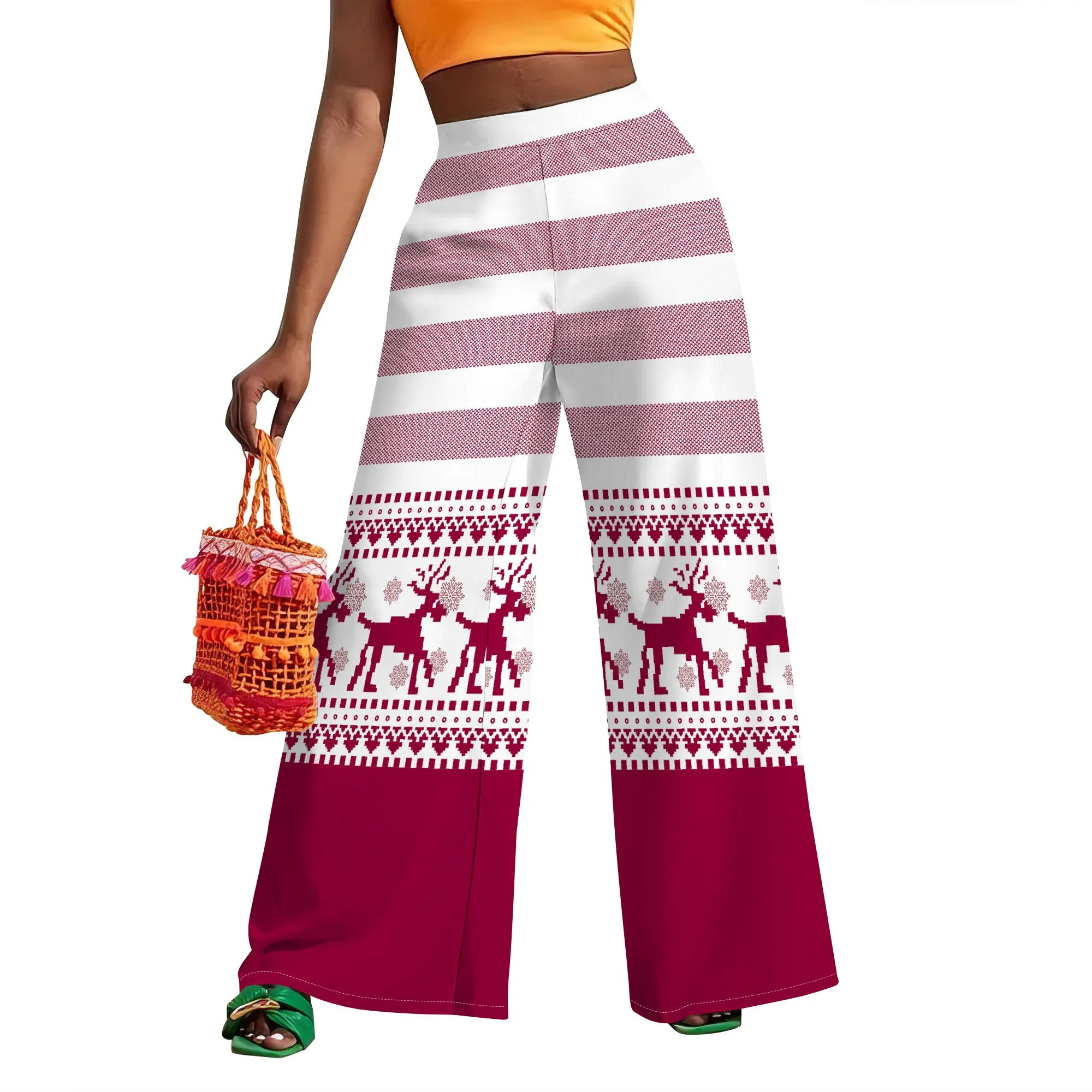 Denim Patch Pocket Print High Waist Wide Leg Pants for Women Vintage Casual Trousers