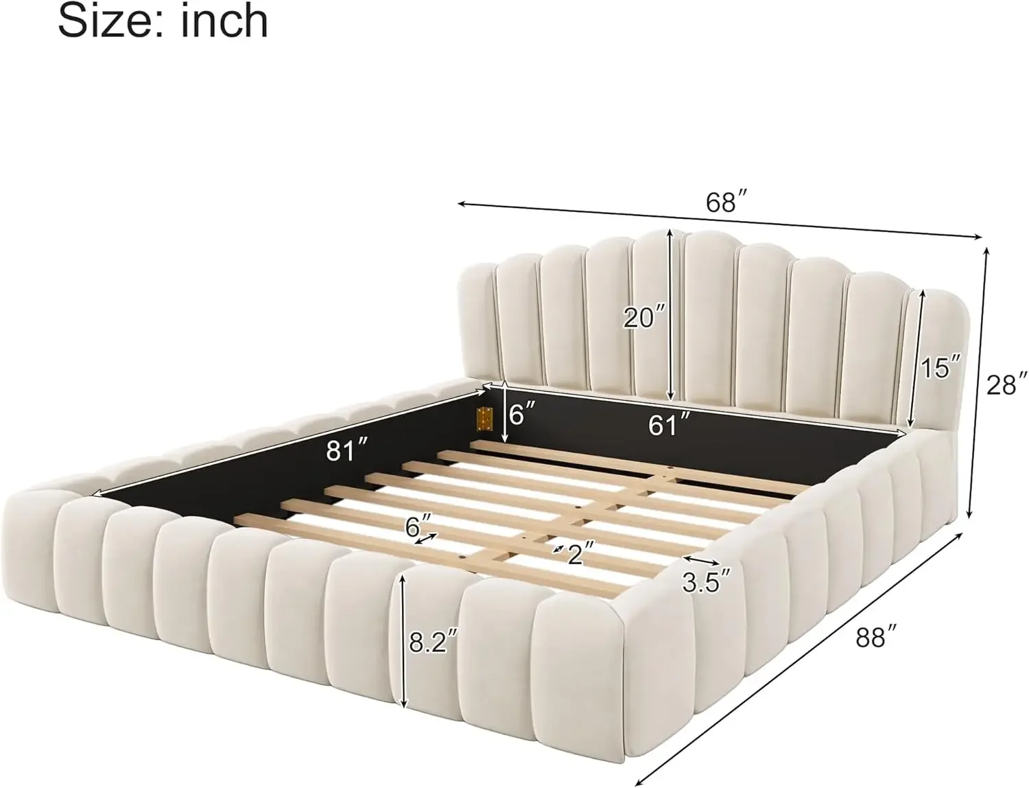 Queen Size Floor Platform Bed Frame,Velvet Upholstered Bedframe with Shell-Shaped Headboard and Cushioning All Around Guards