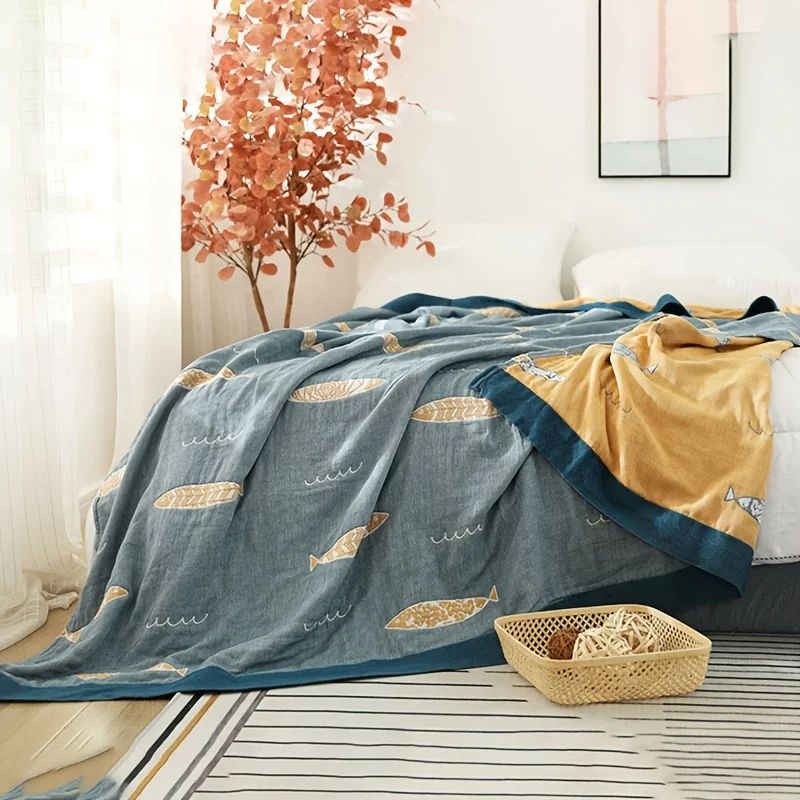 100% Cotton Gauze Blanket Cute Fish Pattern, Multi-use Throw Bed Sheet Sofa Cover Nap Blanket, Machine Washable, Gift Ready