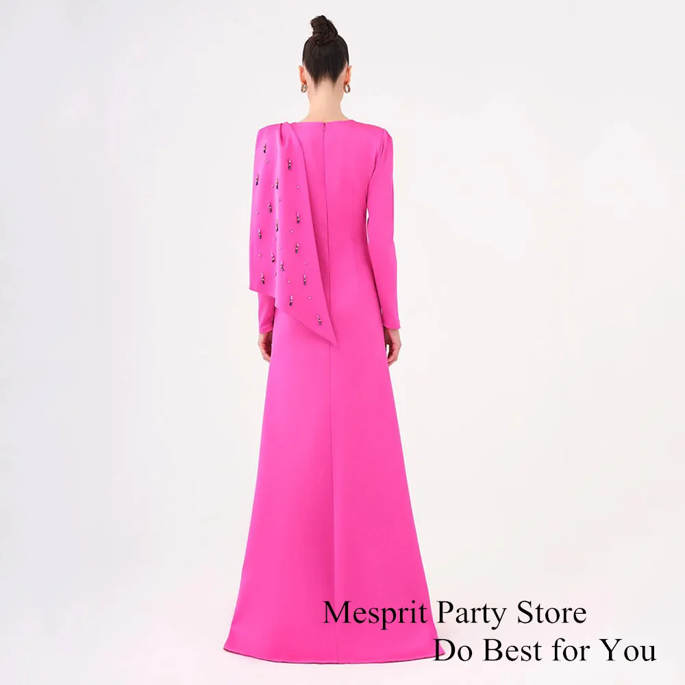 Fuchsia Prom Dress Saudi Arabian Party Dresses Customized Full Sleeves Stones Beadings Satin Formal Evening Gown Robe De Soiree