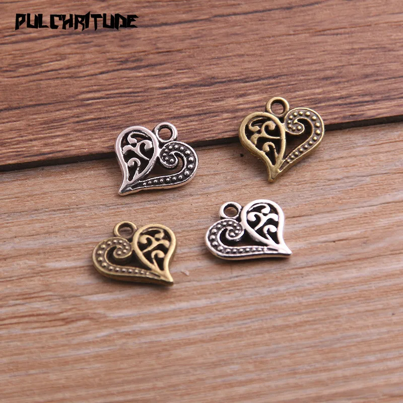 30PCS 14*14mm Two Color Vintage Metal Zinc Alloy love Heart Charms Fit Jewelry Pendant Charms Makings