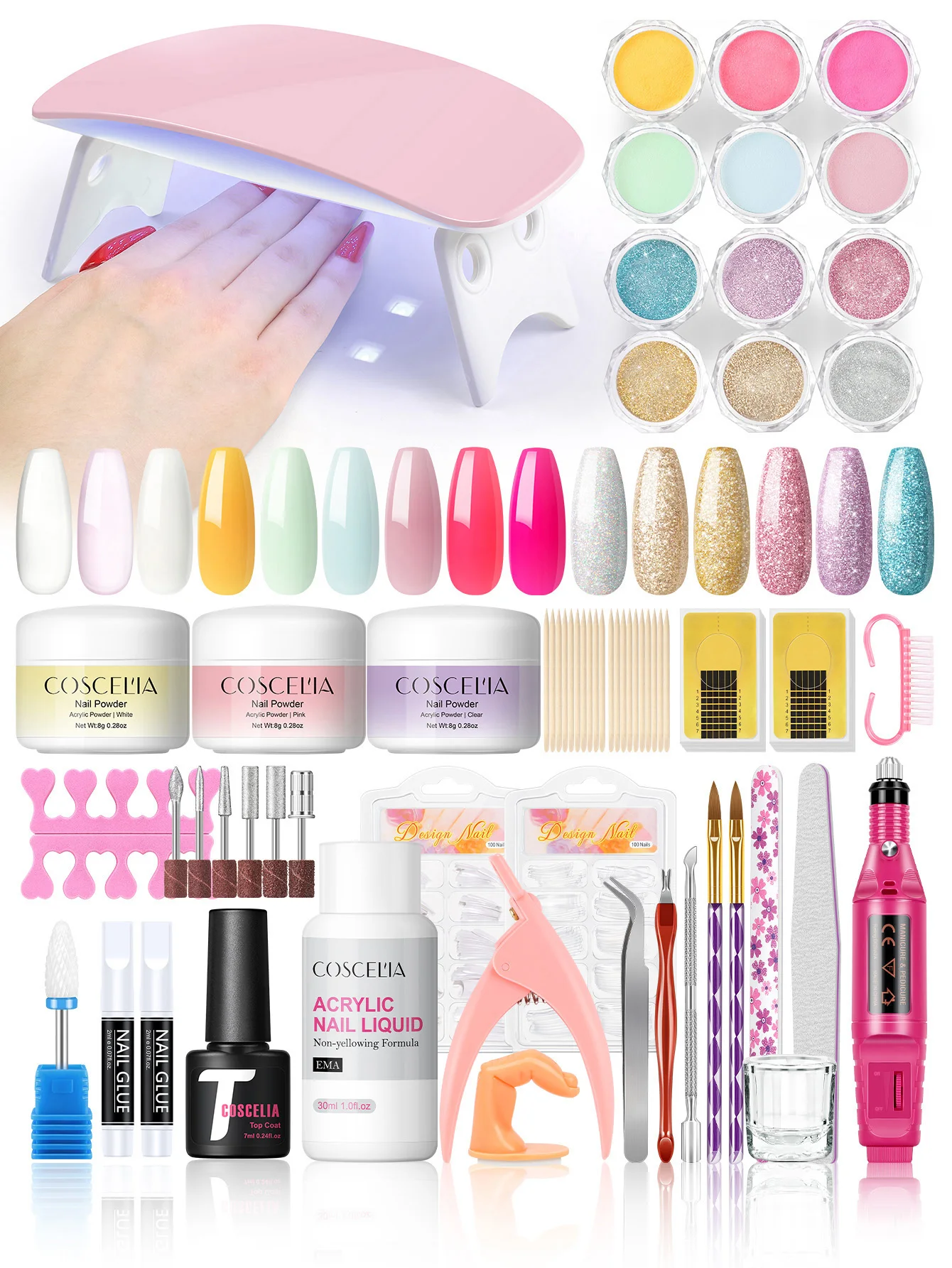 

Coscelia Acrylic Powder Nail Kit & EMA Liquid Monomer, Clear Pink White Powder, Top Coat, Nail Drill & UV Lamp for Salon Gift