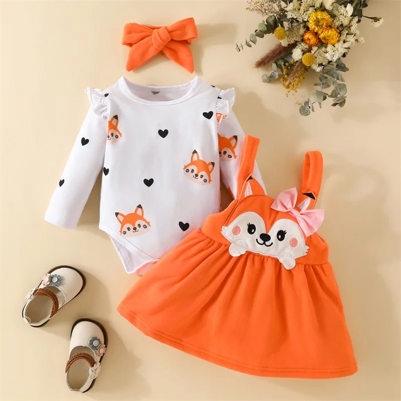 

BeQeuewll Baby Girls Autumn Outfit Sets Long Sleeve Fox Print Romper and Orange Suspender Skirt Headband Sets For 0-18 Months