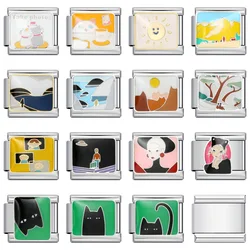 2025 New Fashion Colors Glaze Scenery Character Female Cats Charm Links Fit 9mm Bracelet Stainless Steel Making DIY Jewelry