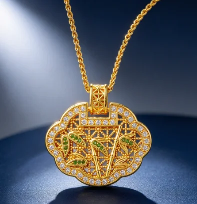Hollow inlay gold branches jade leaves Ruyi pendant female retro senior sense 9999gold