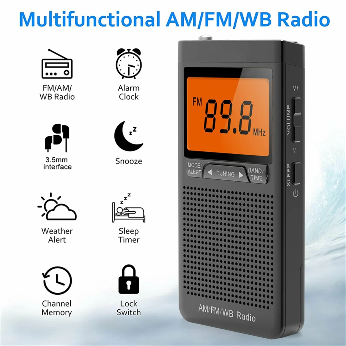 T437C- Portable Weather Radio FM AM NOAA Emergency Pocket Radio with Weather Warning Alarm Clock Mini Handheld Radio