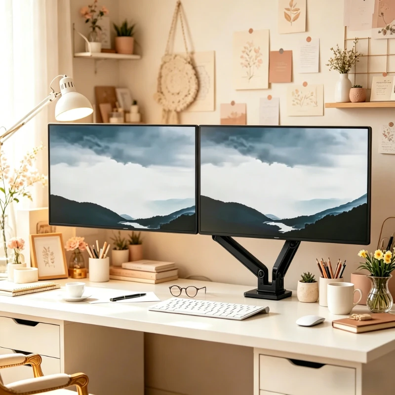 Premium dual screen bracket fits 1332 inch monitors, supports 180 swivel and 360 rotation for home office dual screen use