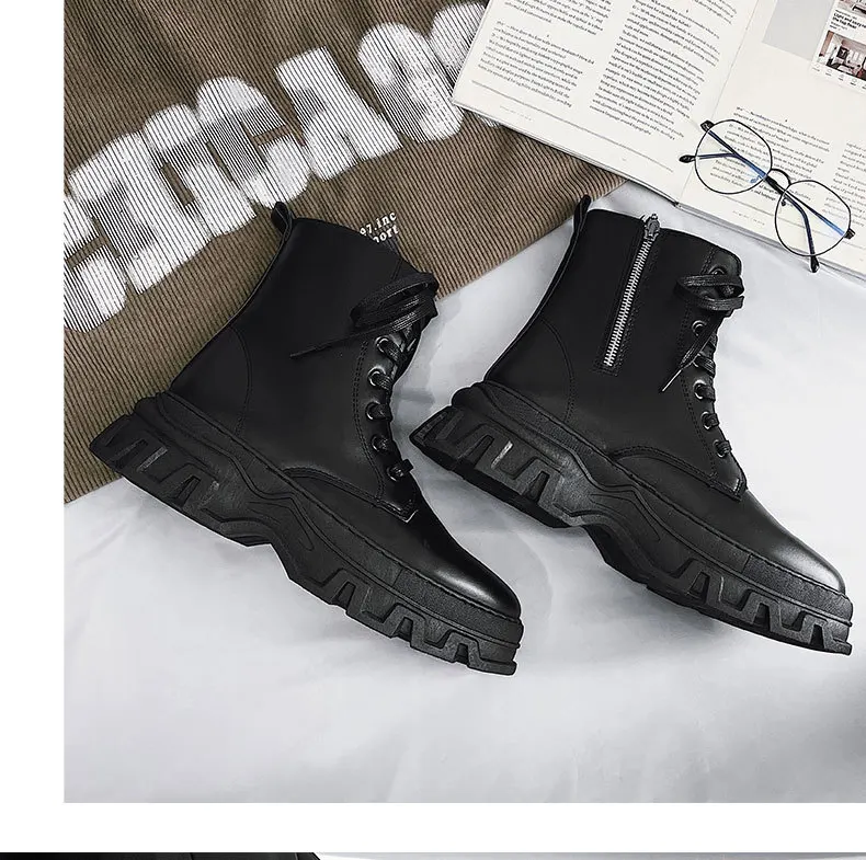 Men Leather Fashion Boots for Men Waterproof Lace Up Short Ankle Boots Men Outdoor Platform High Top Motorcycle Boots