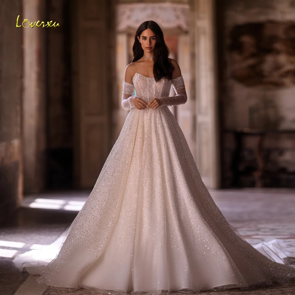 

Loverxu A-Line Luxury Wedding Dresses 2024 Strapless Detachable Long Sleeve Vestido De Novia Lace Stunning Robe De Mariee