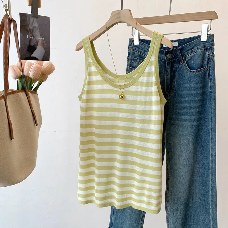 

Dave&di 26 Summer New Product Linen Lightweight U-neck Striped Knitted Tank Top Women's Sleeveless Strap