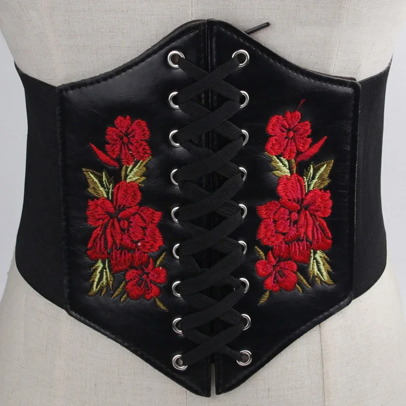 Useful Flower Belt Women Wide Lace Up Waistband Corset PU Leather Waist Slim Shaped Tied Belts