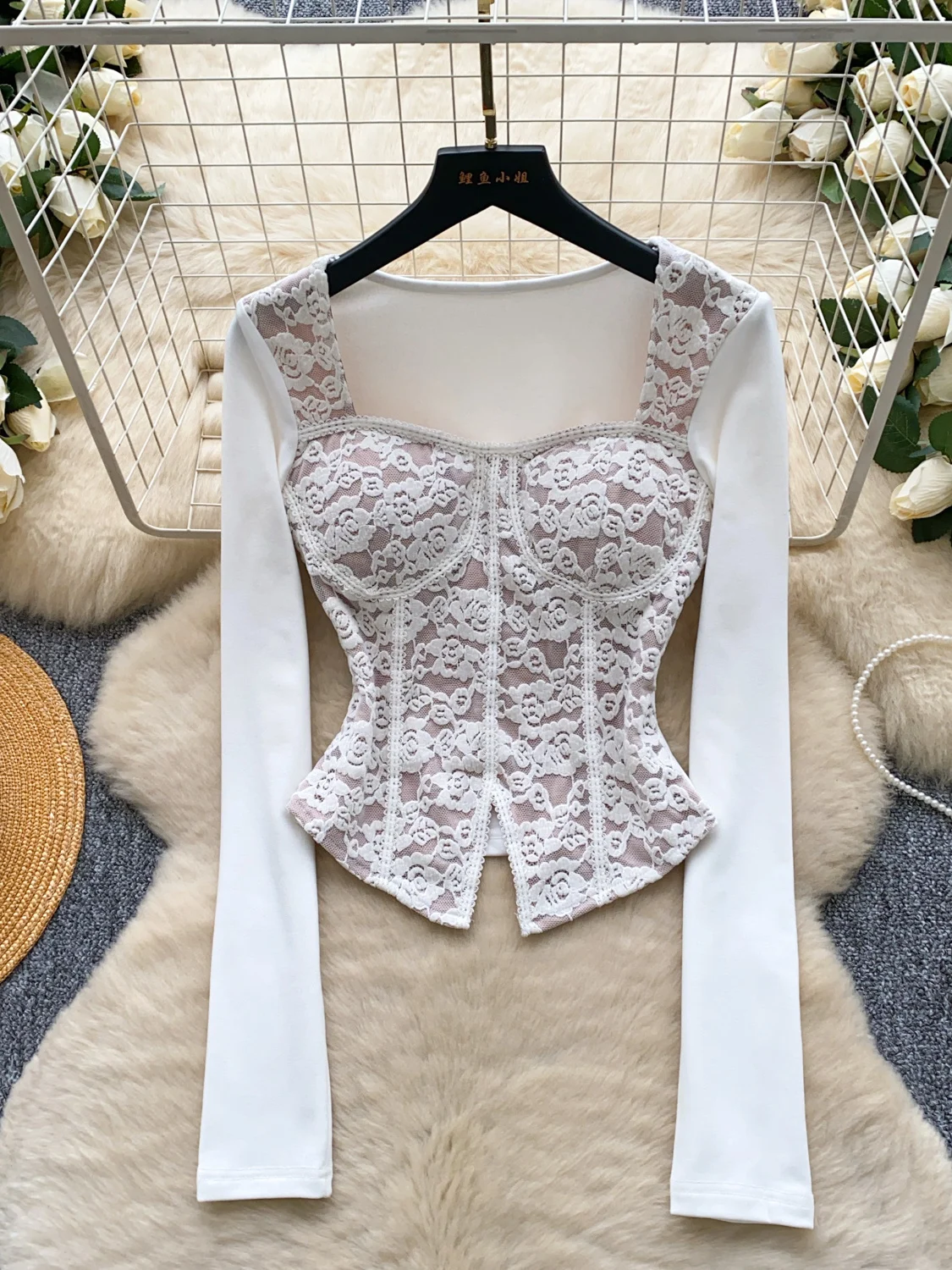 

Ele Lace Splice Long Sve irt Women Commute Slimming Korean Sle Breathable Polyester Fiber Casual Top