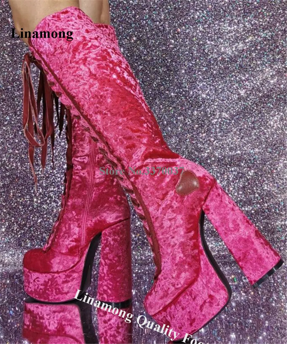 

Linamong Pink Silk Chunky Heel Knee High Boots Cute Round Toe Lace-up High Platform Thick Heel Long Boots Big Size Boots