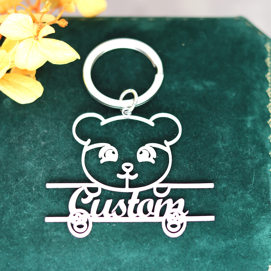 QIAMNI Stainless Steel Cute Animal Bear Personalized Custom Name Keychain Gift For Women Men Handbag Accessorie DIY Jewelry