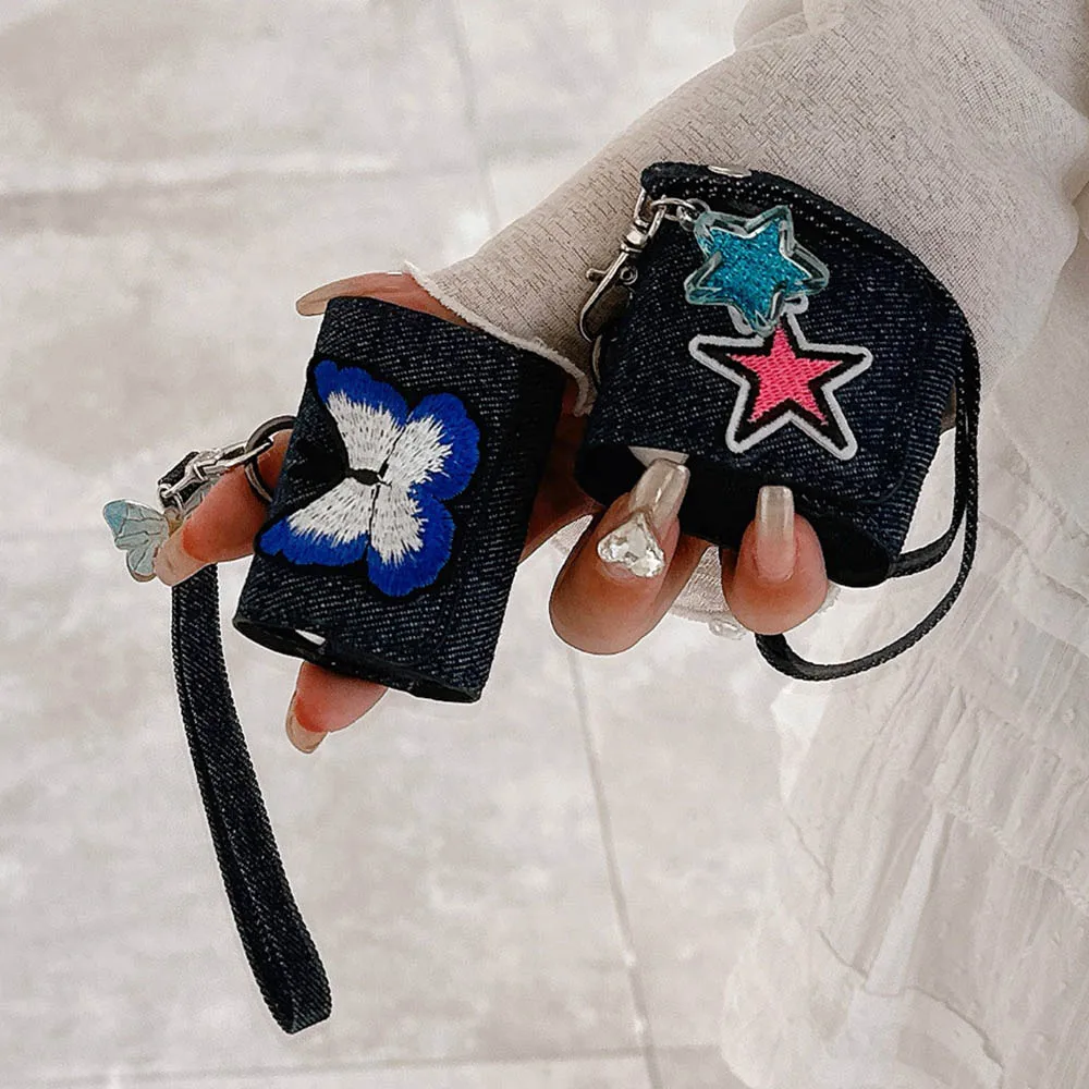 Case Cartoon Embroidery Star Butterfly Denim Fabric with Lanyard For Apple AirPods 1 2 3 AirPod Pro 2 Bluetooth Earphone Cover