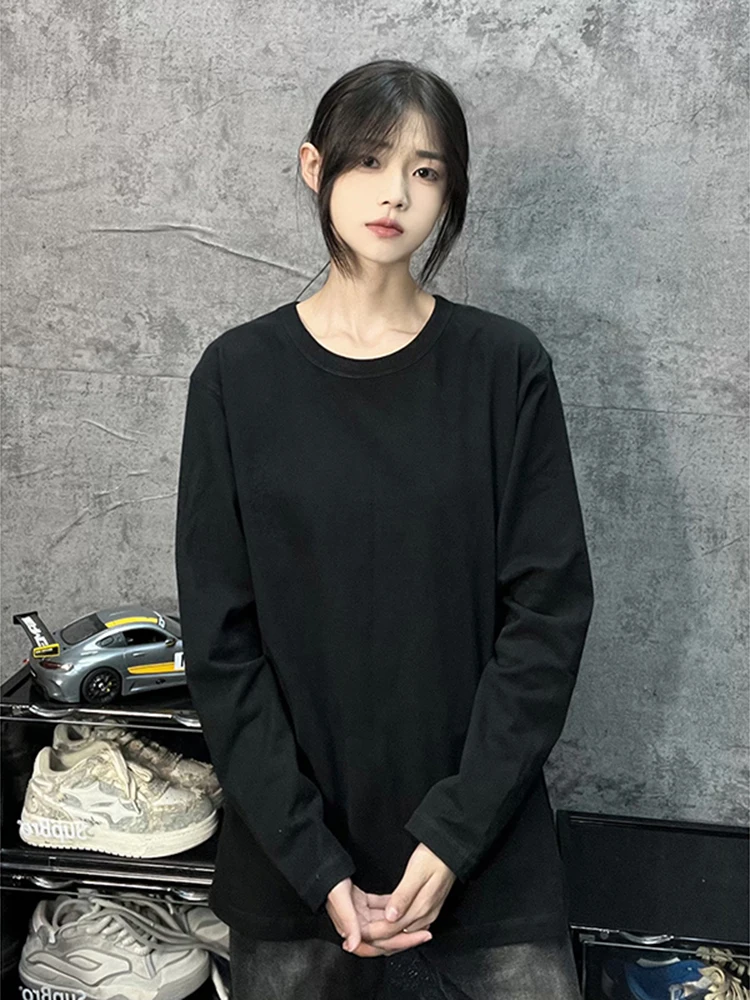 American Style Long Sleeve Cotton T-Shirt Men's Spring Autumn Heavyweight Basic Layering Sweatshirt White Inner Shirt Base Layer