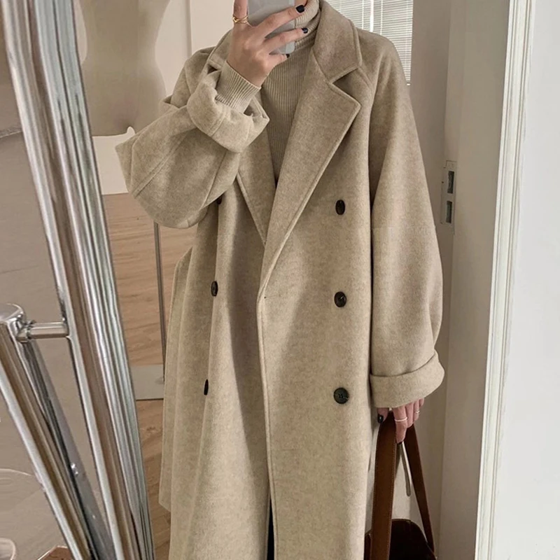 

Ele Autumn Winter Woolen Coat Women's Loose Knee-Length Double-Breasted Suit Collar Long Outerwear Faionable Commute Sle