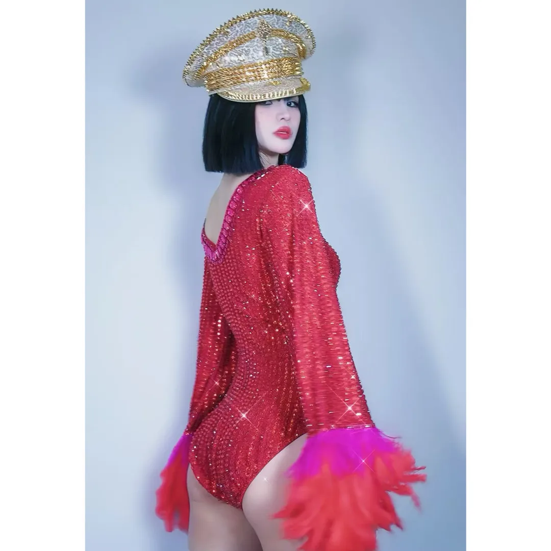 الفاخرة الأحمر الراين انقطاع ريشة الأكمام ارتداءها للنساء المغني راقصة مثير أداء المرحلة ارتداء بار الحفلة زي #4