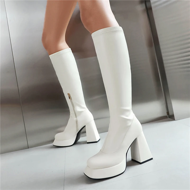 ANNYMOLI Women Knee High Long Boots Round Toe Platform Thick High Heels Zipper Gogo Boots Ladies Fashion Shoes Winter White 43