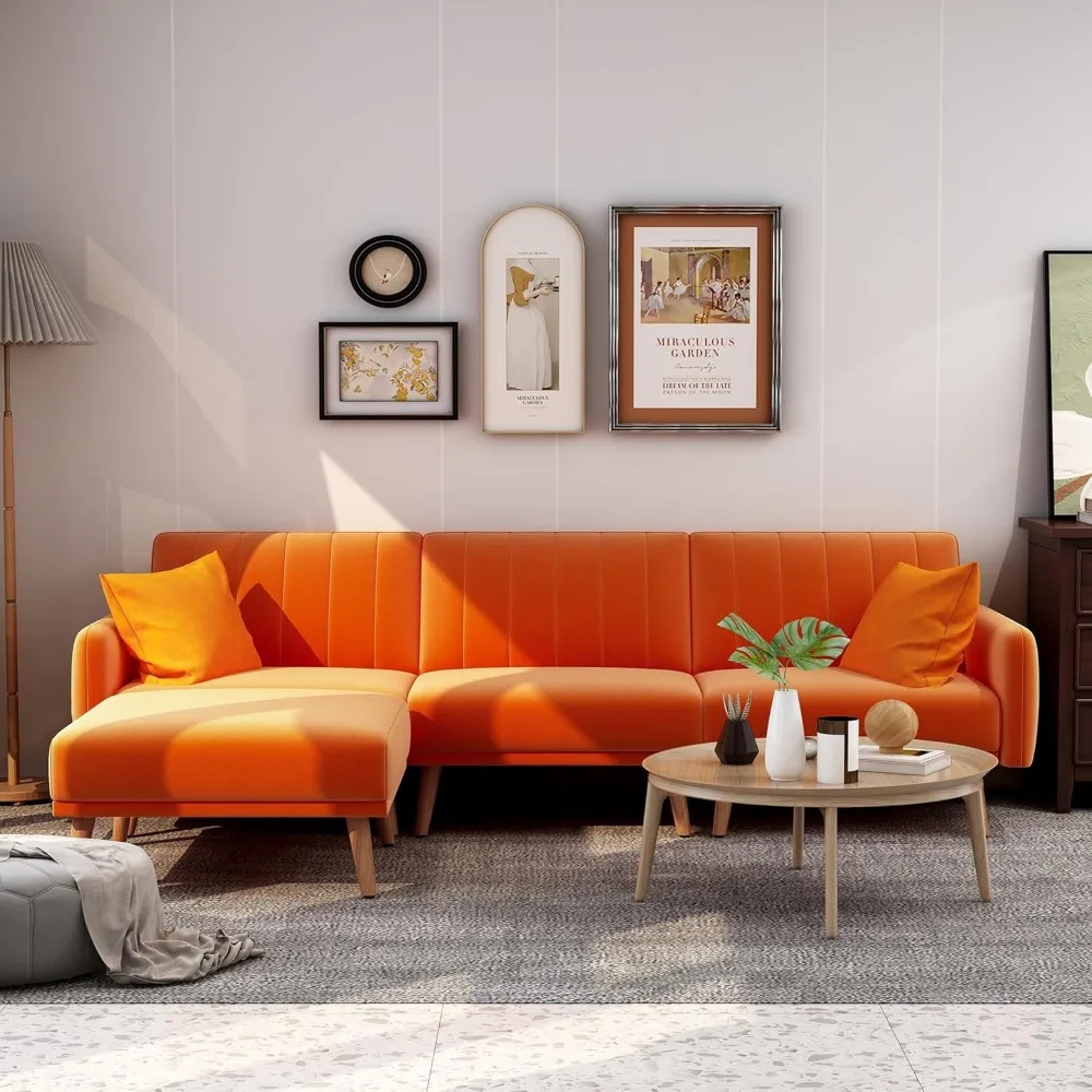 L-vormige oranje fluwelen sectionele fauteuil slaapbank, 105 inch moderne converteerbare slaapbank met verstelbare rugleuning, 3-zits