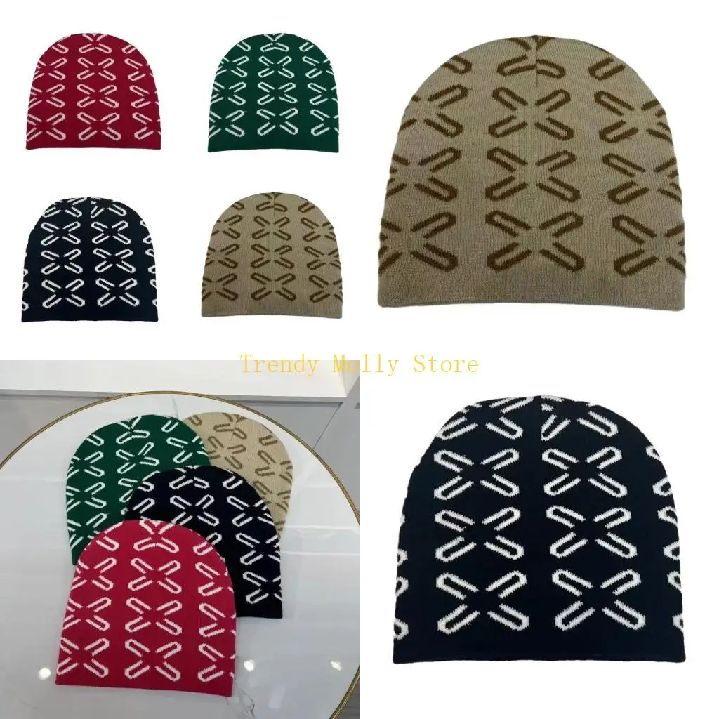 

N5KB Женщины вязание шапочки теплое защитное ухо шляпа подростки Жаккард шаблон ручной работы ручной работы