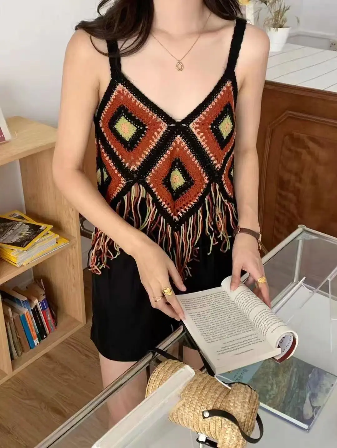 Bohemian Knitted Fringe Camisole Top, Must-Have Item for Beach Vacation, Travel and Casual Wear