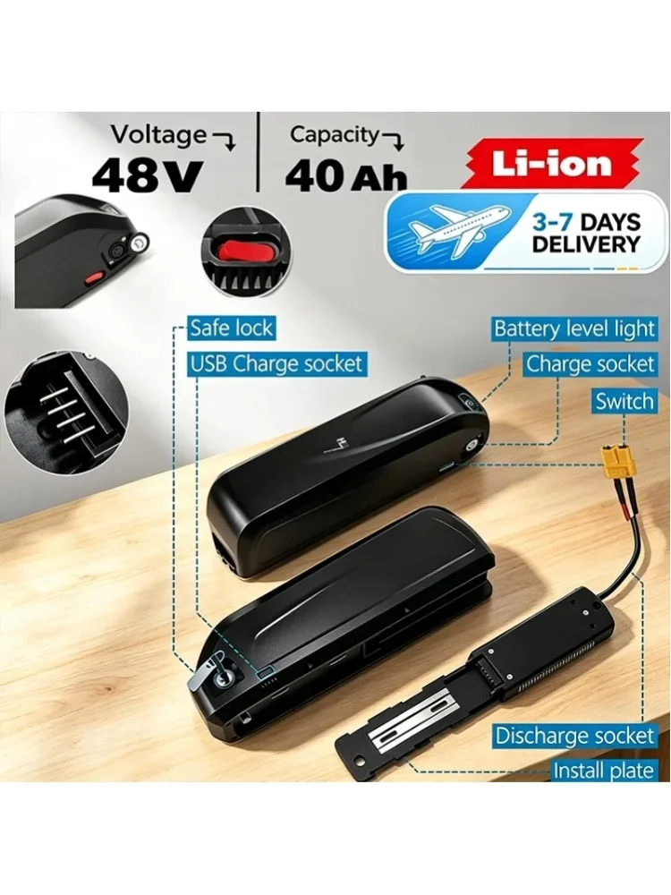 EU-Lager, schneller Versand. 48 V, 40000 mAh, geeignet für Hailong-Akkupacks, Leistung 250 W bis 2000 W, 4-poliger Lithium-Akku für Elektrofahrräder mit Ladegerät, Ersatz-Lithium-Ionen-Akku für