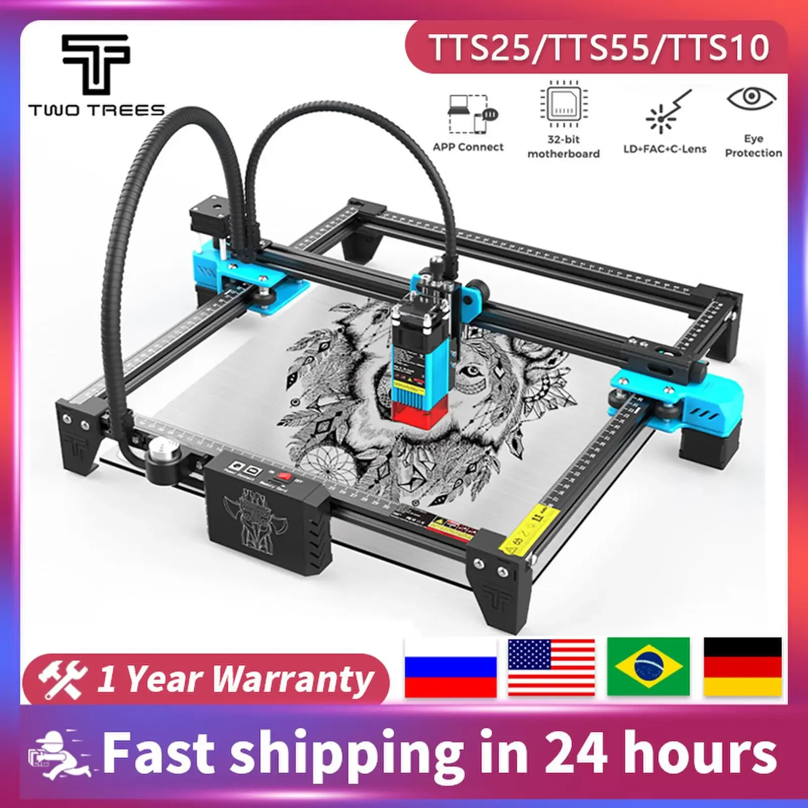 Twotrees-grabador láser TTS-10Pro, máquina cortadora de grabado, herramienta de madera, Metal, acrílico, CNC, grabado, soporte WIFI 80/40W