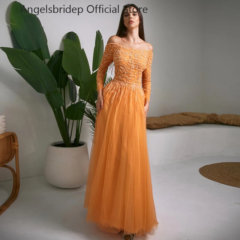 

Angelsbridep Tulle Evening Dresses for Photoshoot Formal Long Sleeves Beaded Appliques Prom Dress Strapless Robes De Soirée