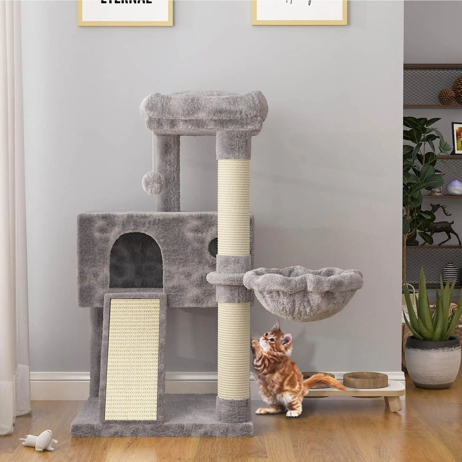 Cat Tree 36 Inches Cat Tower with Hammock, Sisal Scratching Post for Indoor Kittens, Small Room, Grey