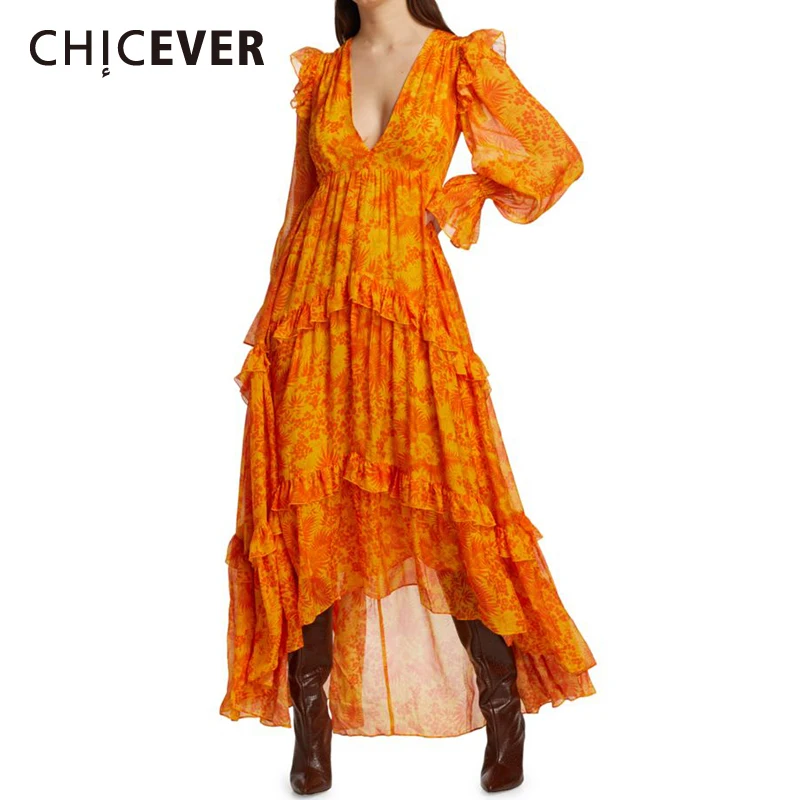 

CHICEVER Orange Floral Print Dress Women V Neck Long Sleeve High Waist Spliced Zipper Ruffles Trim Hotsweet Style Dresses Female