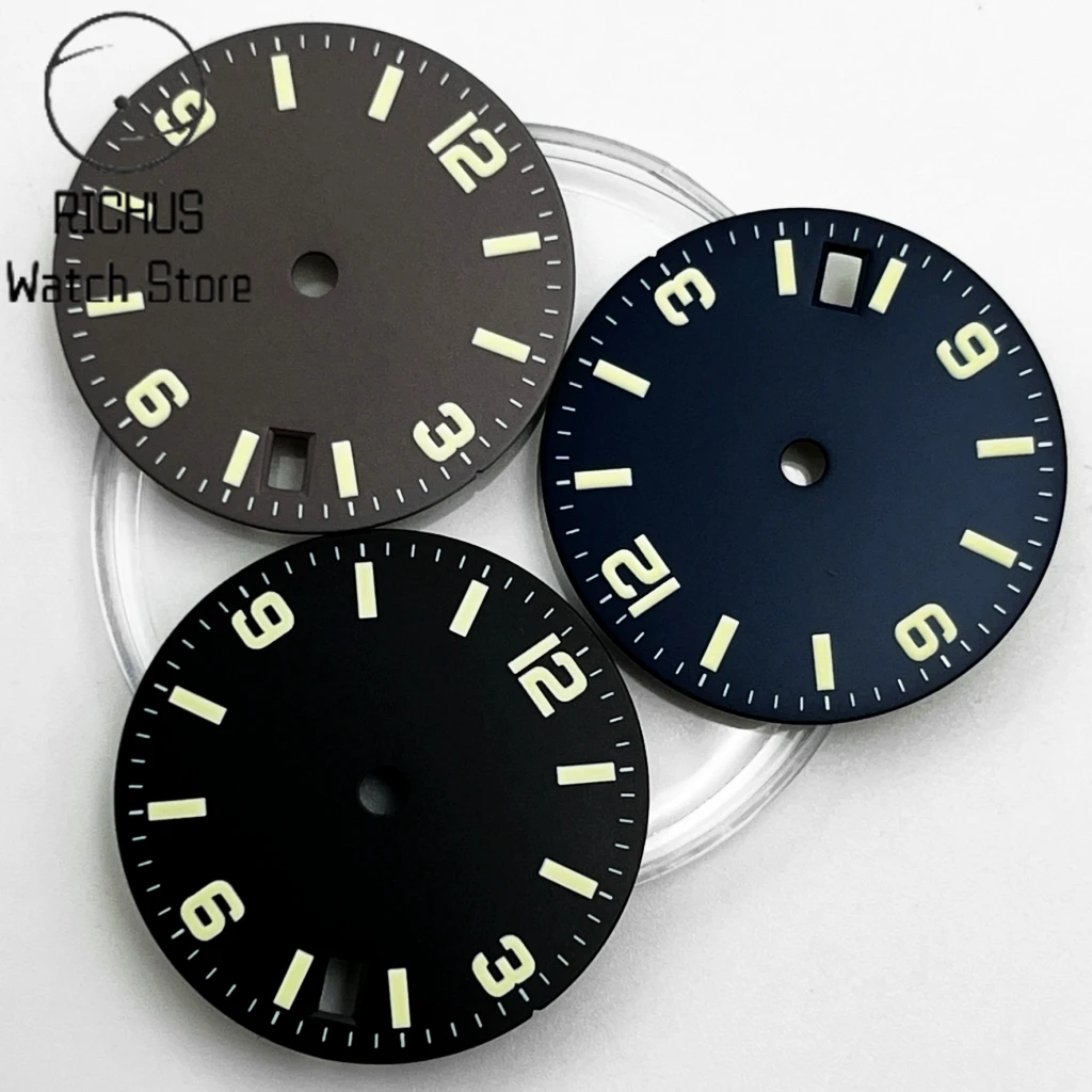 NH35 Sterile 28.6mm Watch Dial Black/Blue 3.8 o\'clock Date Window Green Luminous Automatic Movement Watch Accessories Parts