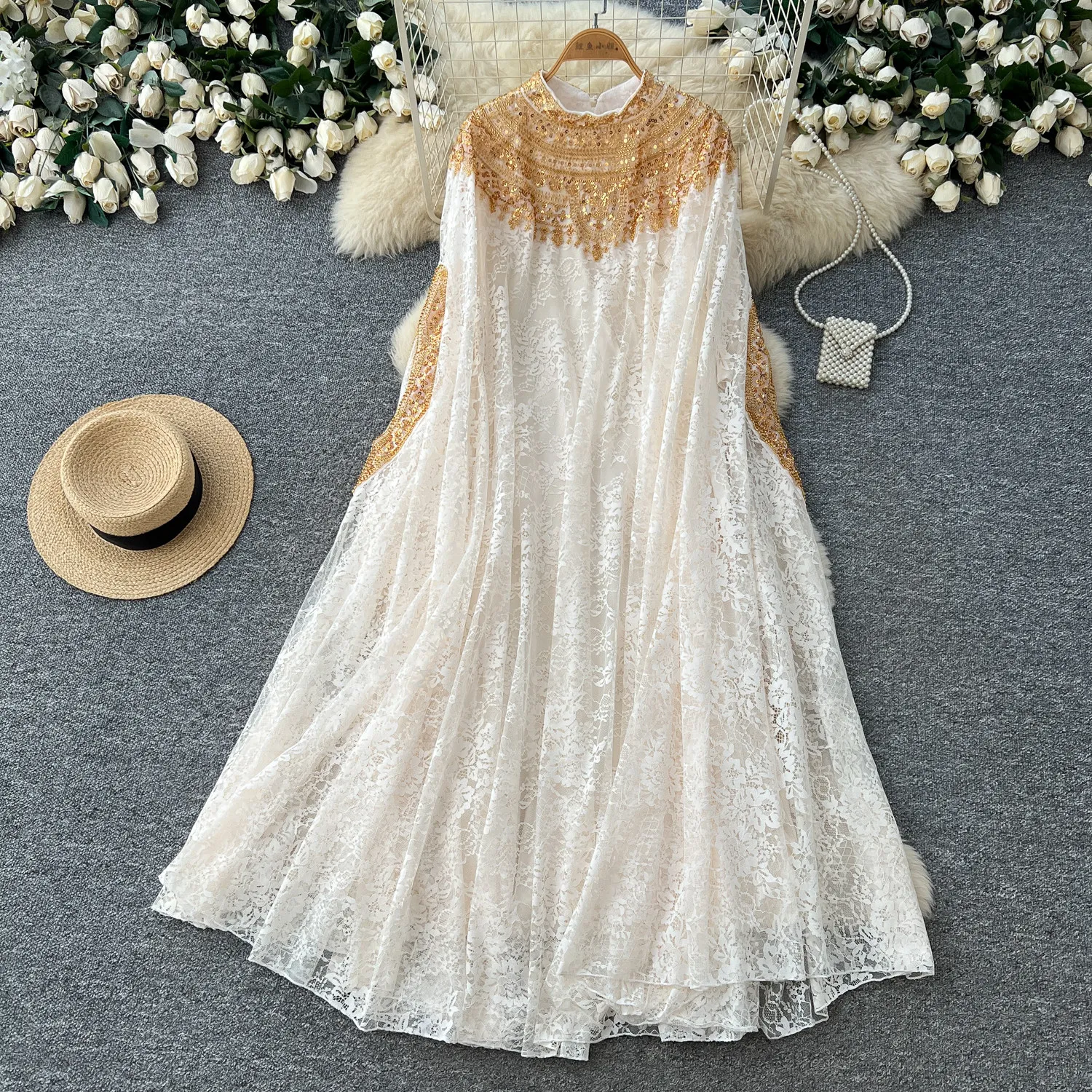 Spitzenrüschen-Camis-Midikleid Zweiteiliges Set V-Ausschnitt-Oberteil Vintage Tüll-Plissee-Rock Hochtaillierter A-Linien-Rock Herbst-Sets