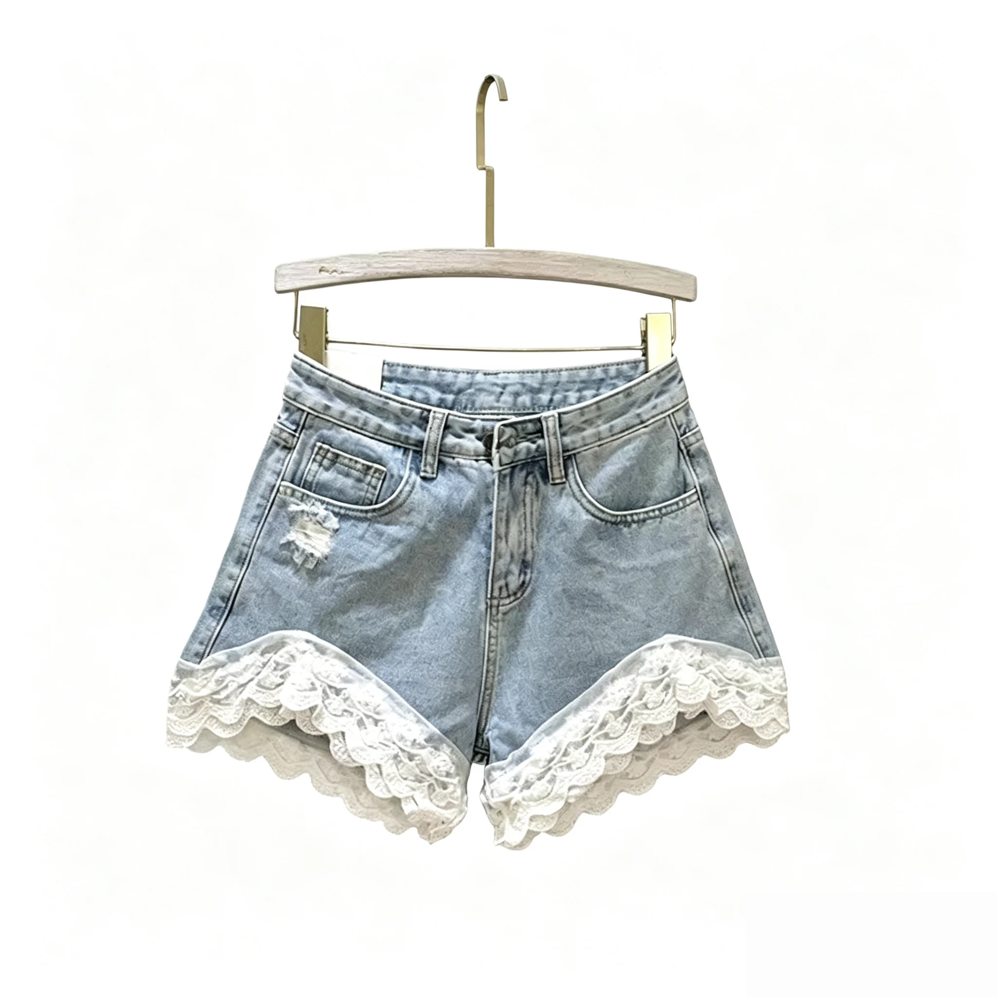 

Splicing Lace Women' Shorts 2026 Summer Korean Style Loose Slim-looking A-line Pants Casual High Street Blue Wide Leg Shorts
